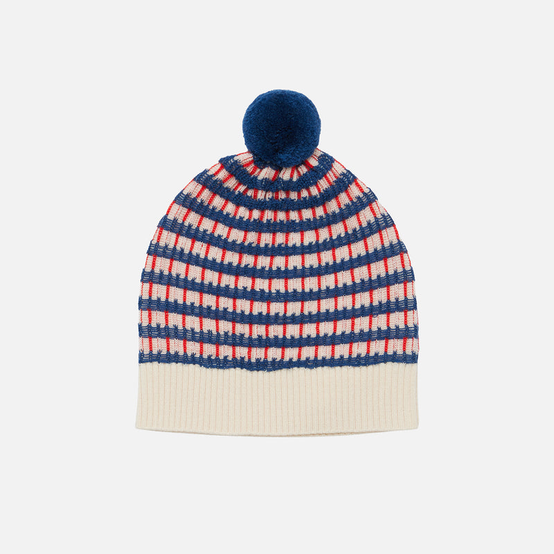 Kids Merino Wool Pom Hat - Ecru/Deep Indigo