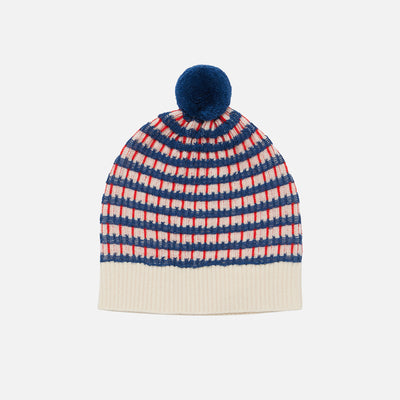 Kids Merino Wool Pom Hat - Ecru/Deep Indigo