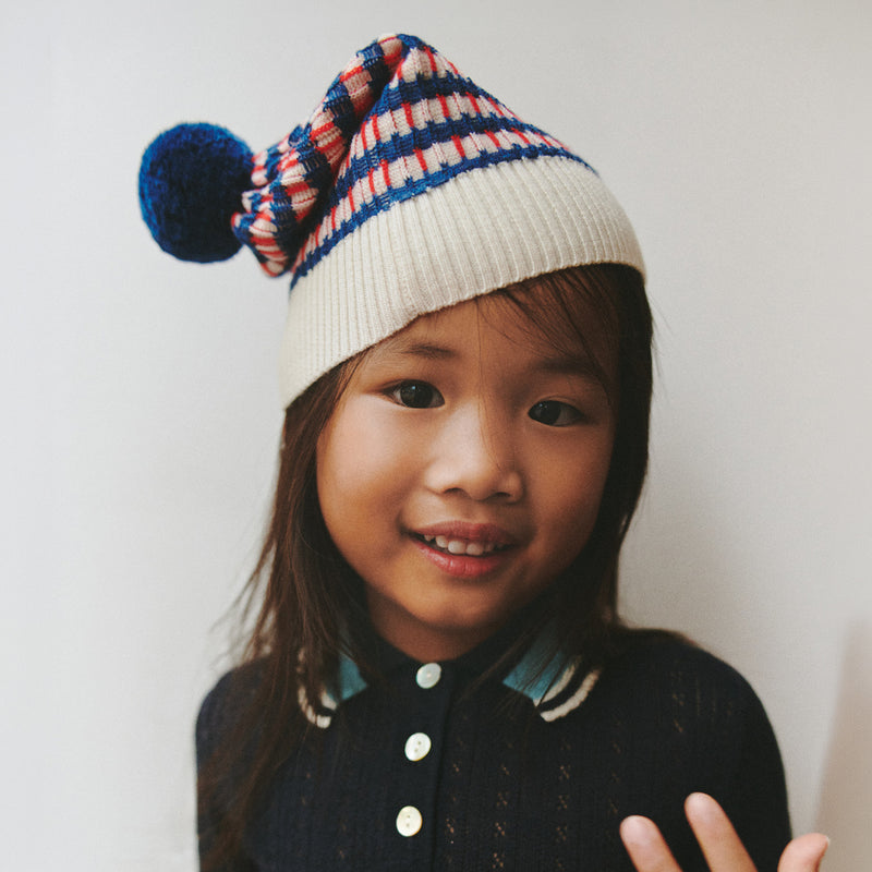 Kids Merino Wool Pom Hat - Ecru/Deep Indigo