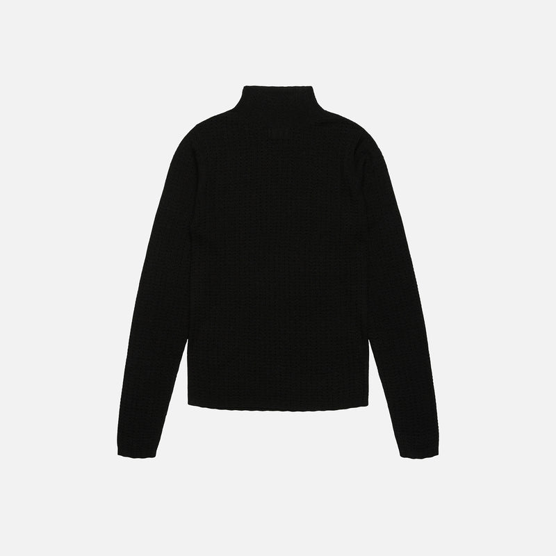 Women's Merino Wool High Neck pointelle Top - Black