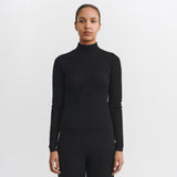 Women's Merino Wool High Neck pointelle Top - Black