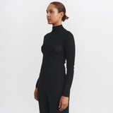 Women's Merino Wool High Neck pointelle Top - Black