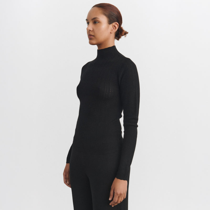 Women's Merino Wool High Neck pointelle Top - Black