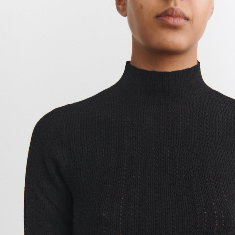 Women's Merino Wool High Neck pointelle Top - Black