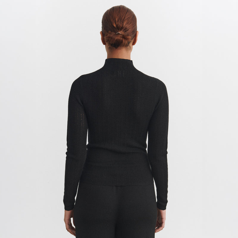 Women's Merino Wool High Neck pointelle Top - Black