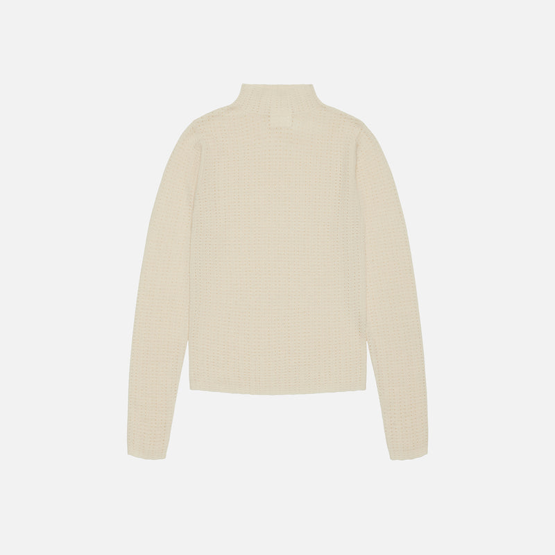 Women's Merino Wool High Neck Pointelle Top - Ecru