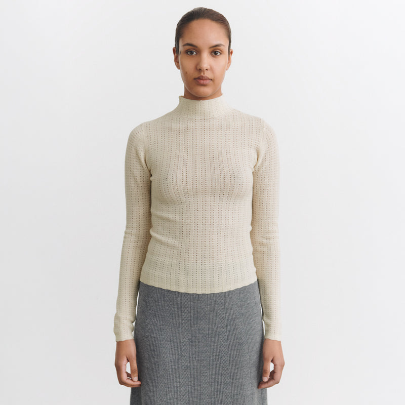 Women's Merino Wool High Neck Pointelle Top - Ecru