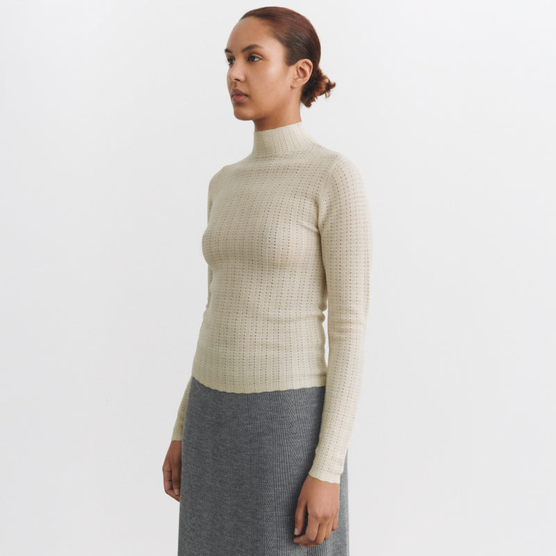Women's Merino Wool High Neck Pointelle Top - Ecru