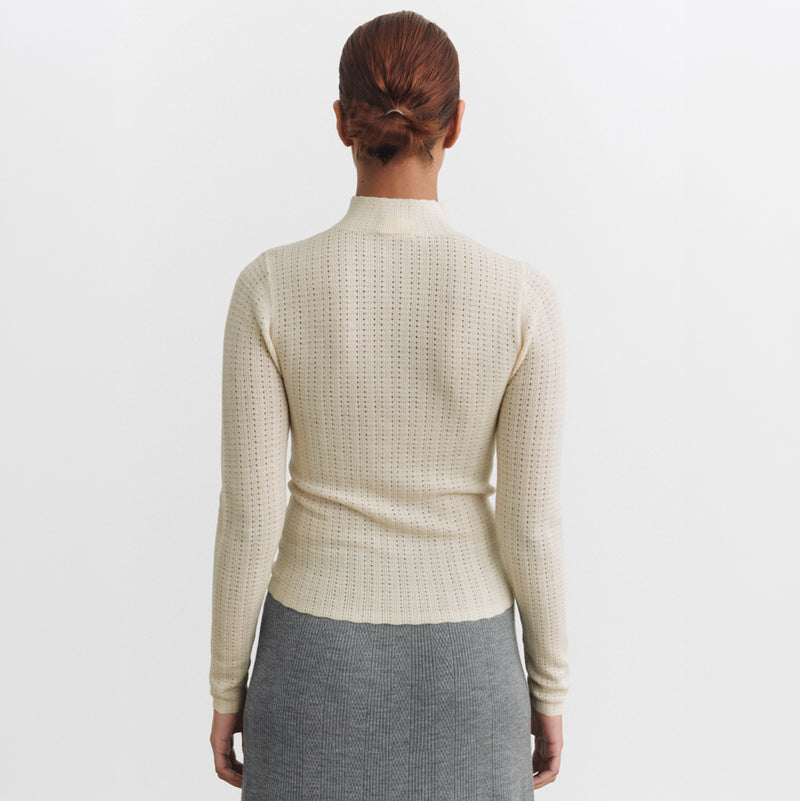 Women's Merino Wool High Neck Pointelle Top - Ecru