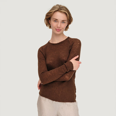Women's Fine Wool Barba Raw Edge Long Sleeve Top - Chocolate