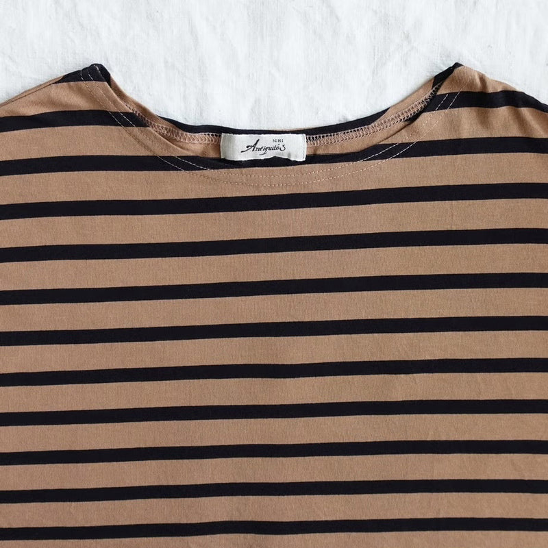 Women's Cotton Boatneck Top - Mocha/Black