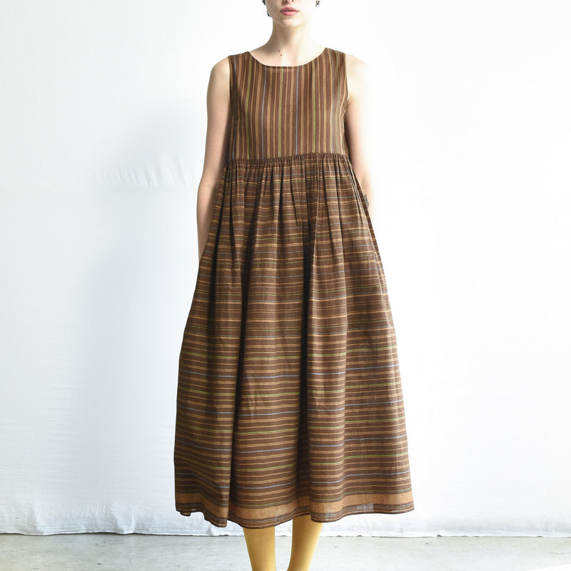 Women's Handloomed Cotton Yuki Dress - Brown Stripe