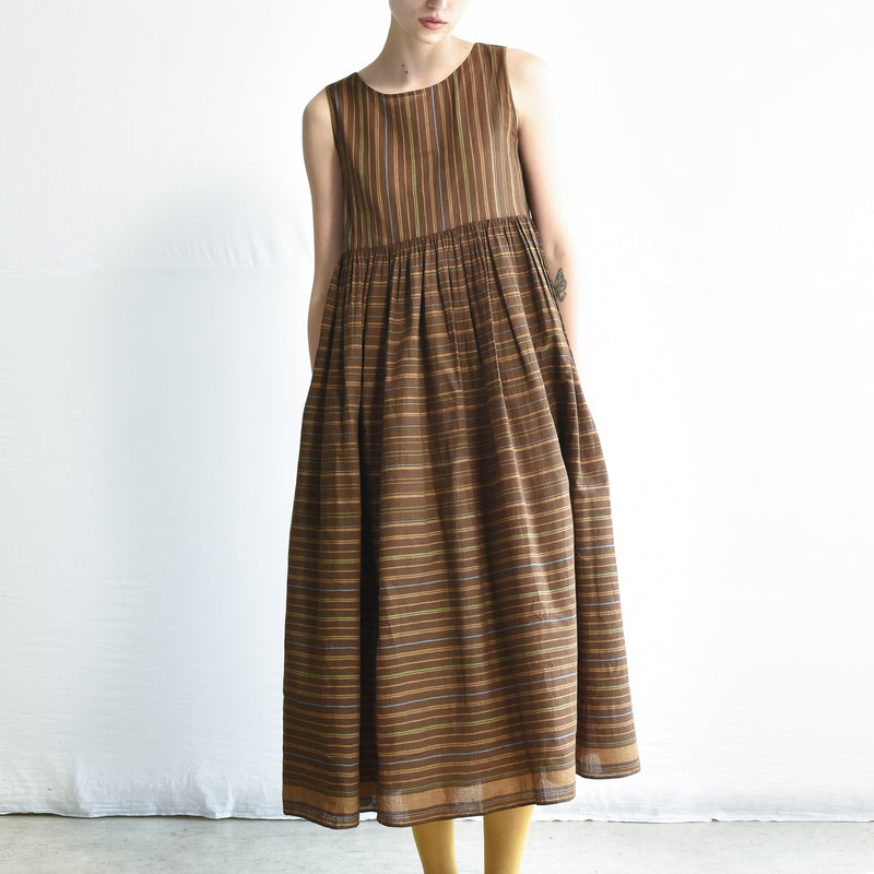 Women's Handloomed Cotton Yuki Dress - Brown Stripe