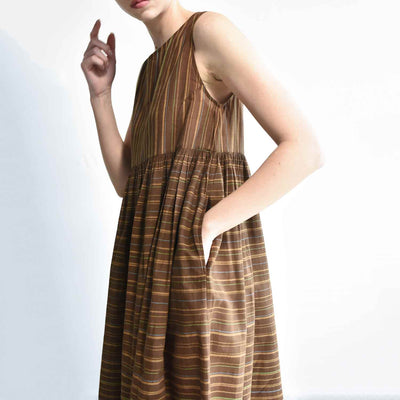 Women's Handloomed Cotton Yuki Dress - Brown Stripe