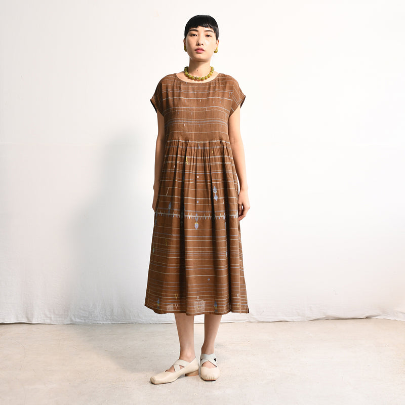Women's Handloomed Cotton Kasumi Dress - Brown Stripe