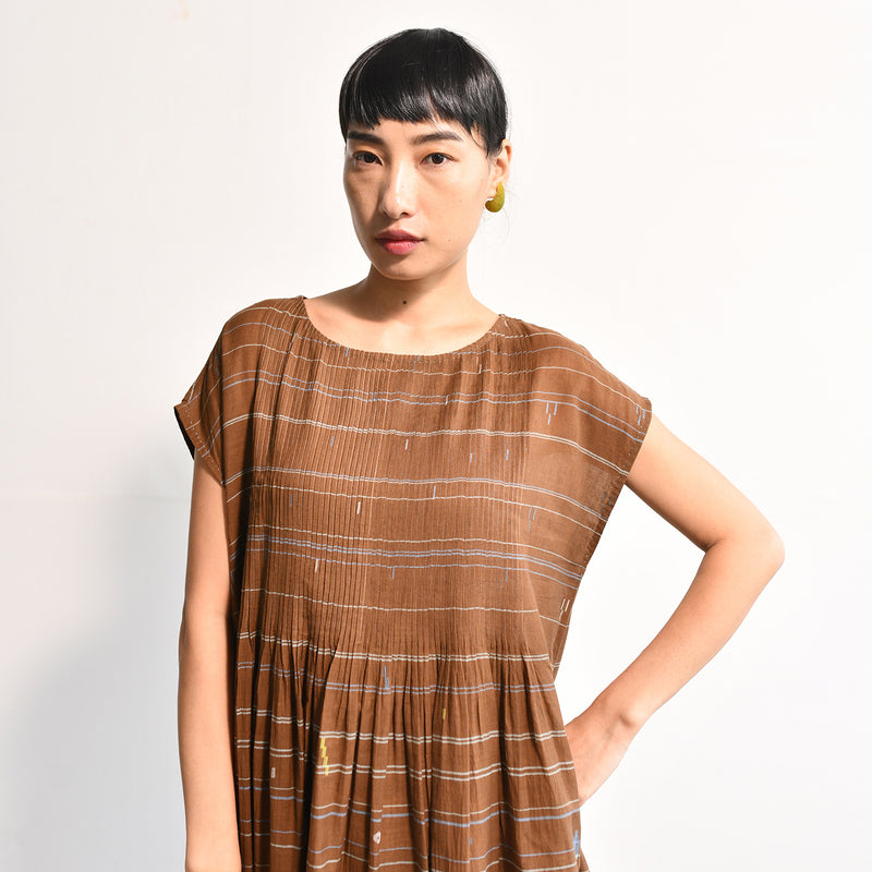 Women's Handloomed Cotton Kasumi Dress - Brown Stripe