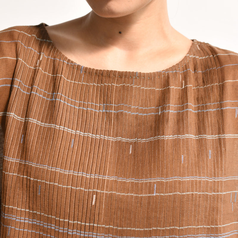Women's Handloomed Cotton Kasumi Dress - Brown Stripe