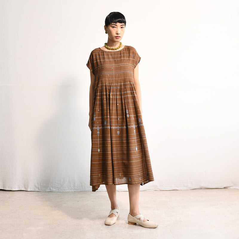 Women's Handloomed Cotton Kasumi Dress - Brown Stripe