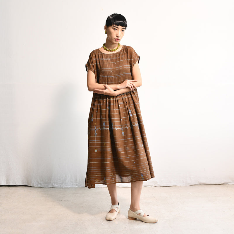 Women's Handloomed Cotton Kasumi Dress - Brown Stripe