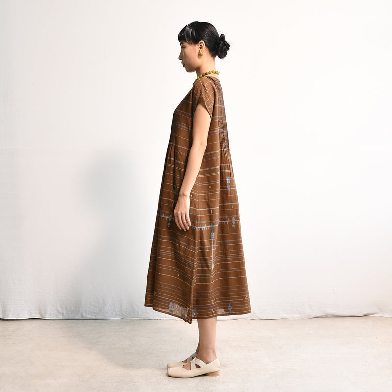 Women's Handloomed Cotton Kasumi Dress - Brown Stripe