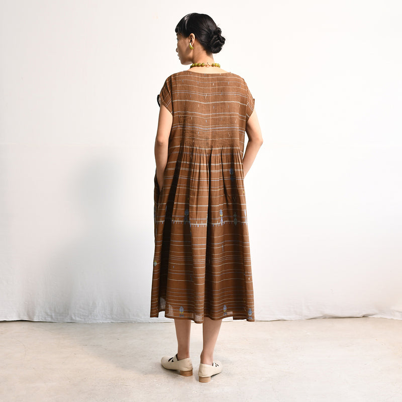 Women's Handloomed Cotton Kasumi Dress - Brown Stripe