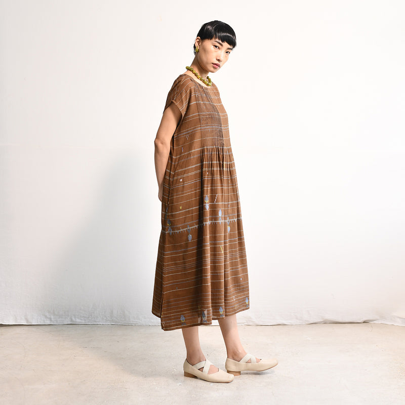 Women's Handloomed Cotton Kasumi Dress - Brown Stripe
