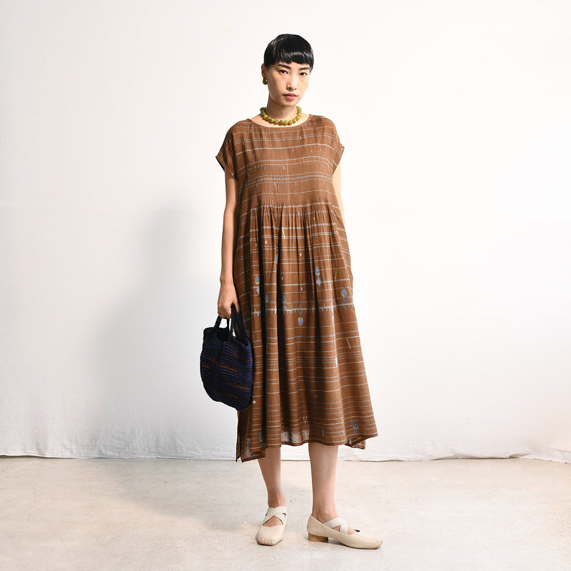 Women's Handloomed Cotton Kasumi Dress - Brown Stripe