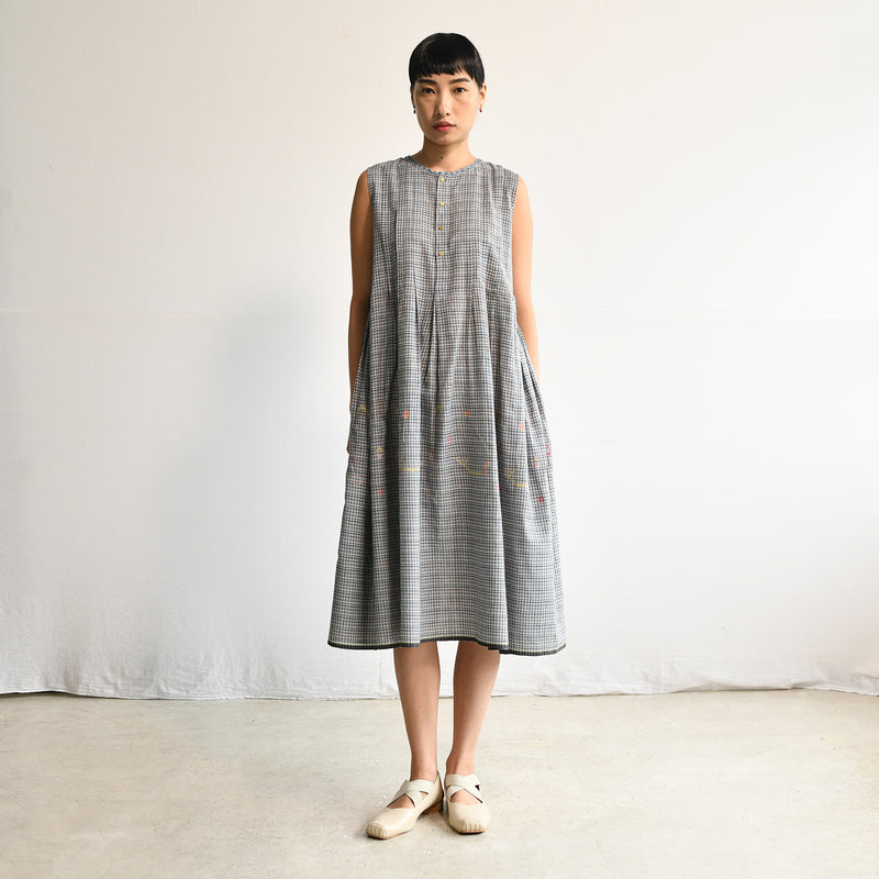 Women's Handloomed Cotton Nori Dress - Sepia Check