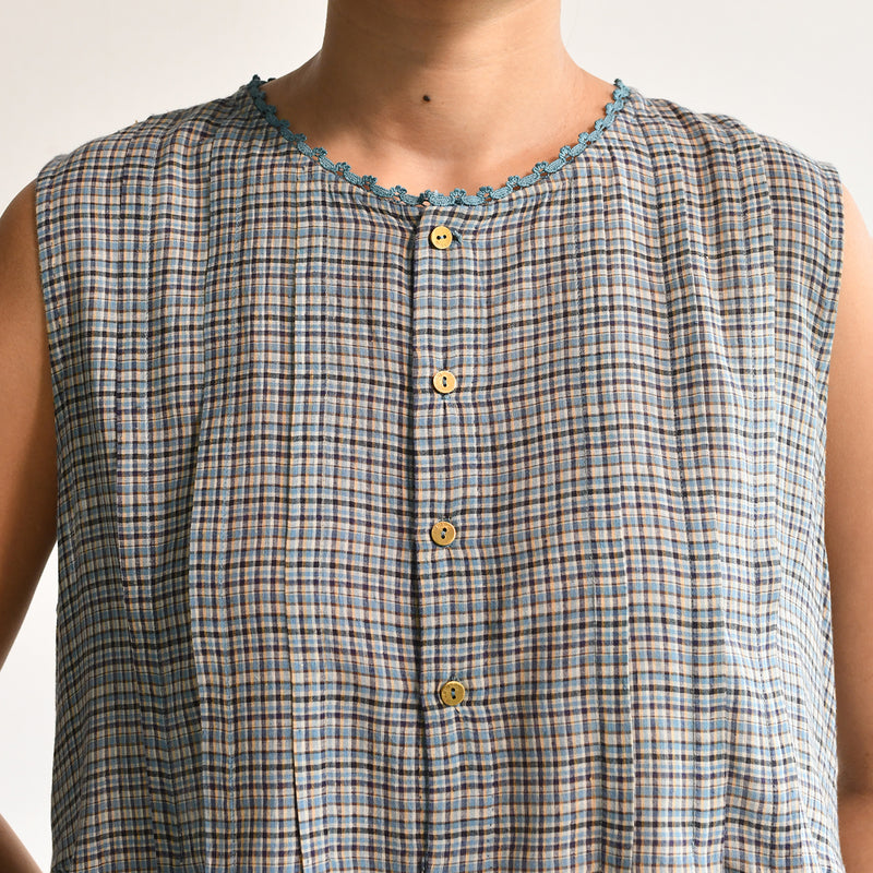 Women's Handloomed Cotton Nori Dress - Sepia Check