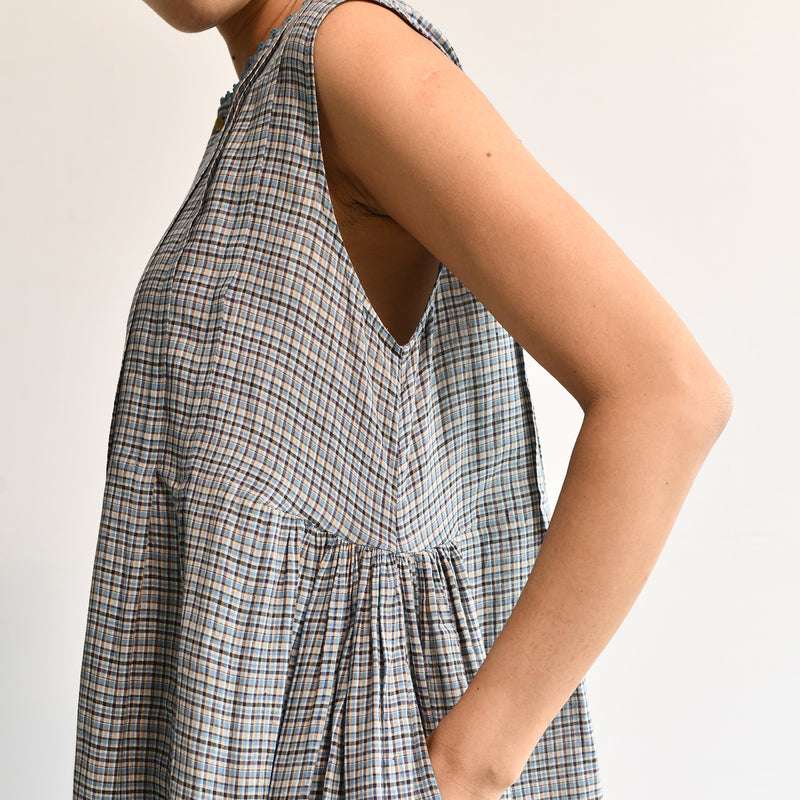 Women's Handloomed Cotton Nori Dress - Sepia Check
