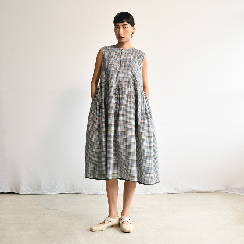 Women's Handloomed Cotton Nori Dress - Sepia Check