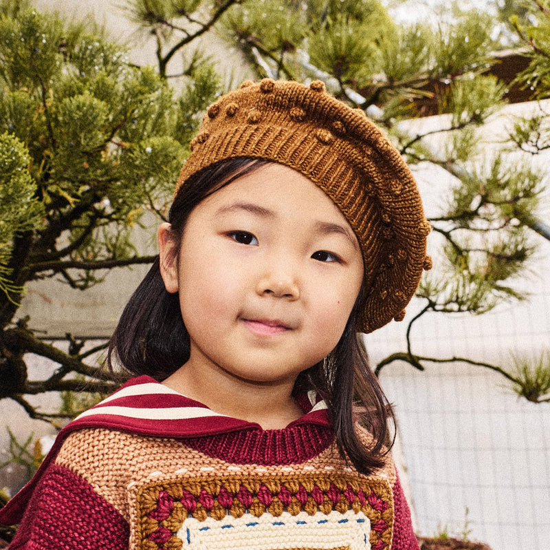 Kids Handknit Merino Wool Popcorn Beret - Nutmeg