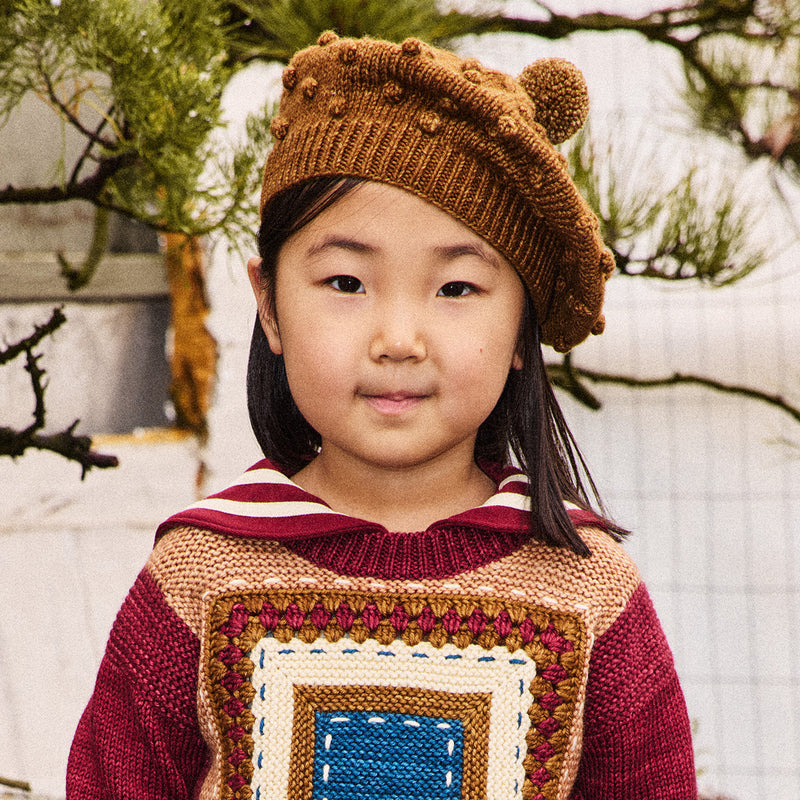 Kids Handknit Merino Wool Popcorn Beret - Nutmeg