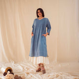 Women's Handwoven Cotton Anaar Pleated Dress - Indigo