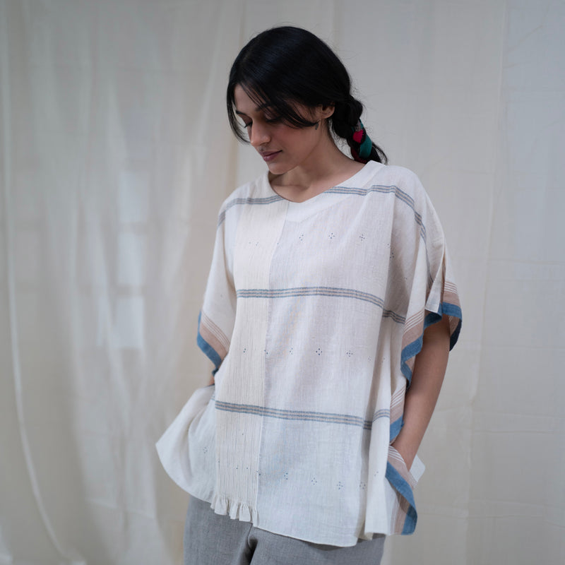 Women's Handwoven Noor Mali Top - Indigo Stripe