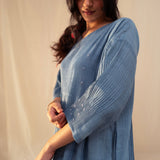 Women's Handwoven Cotton Anaar Pleated Dress - Indigo