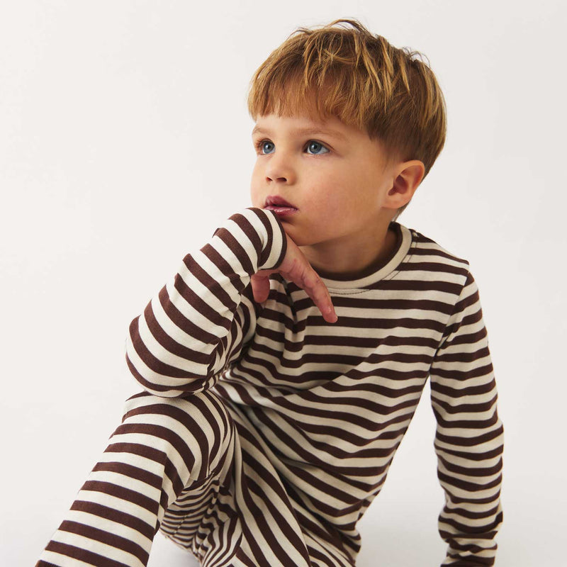 Kids  Cotton LS Top - Natural/Chestnut Stripe