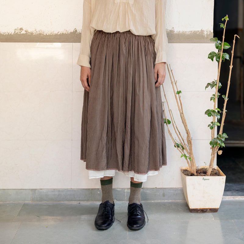 Women's Handloomed Silk Gayle Reversilbe Skirt - Brown Checks