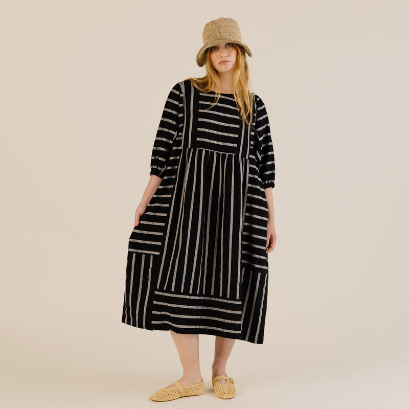Women's Linen & Cotton Betsy Dress - Black Stripe