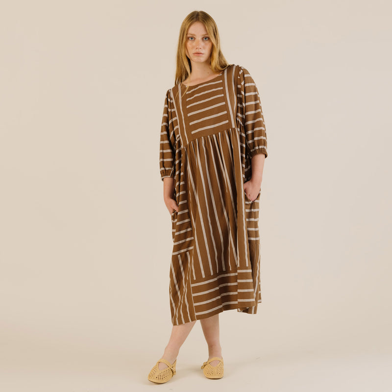 Women's Linen & Cotton Betsy Dress - Toffee Stripe