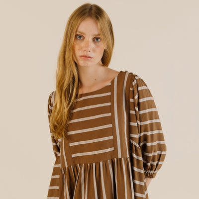 Women's Linen & Cotton Betsy Dress - Toffee Stripe