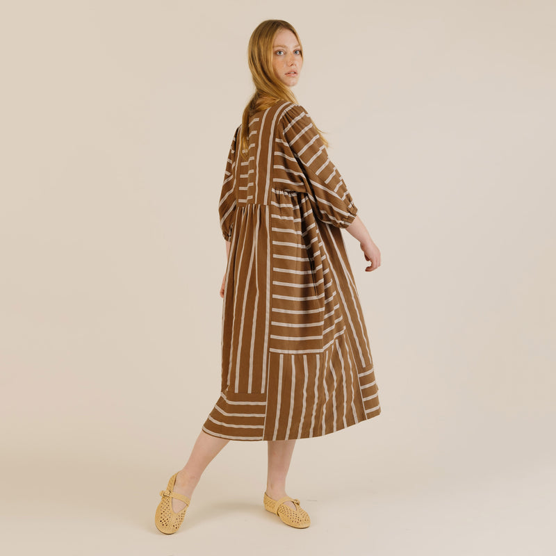 Women's Linen & Cotton Betsy Dress - Toffee Stripe