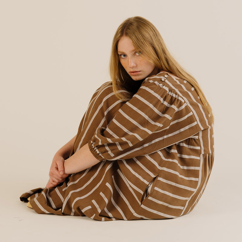 Women's Linen & Cotton Betsy Dress - Toffee Stripe