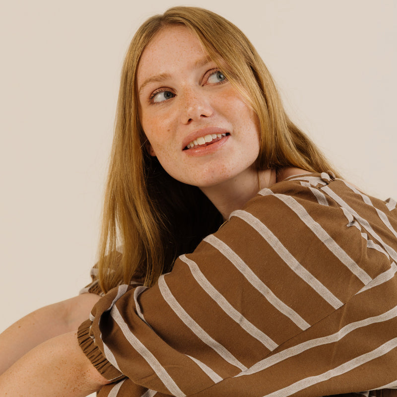 Women's Linen & Cotton Betsy Dress - Toffee Stripe