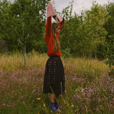 Women's Linen/Cotton Ash Skirt - Indigo Embroidered