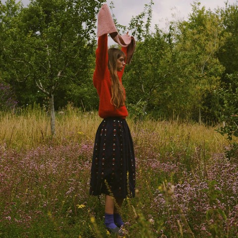 Women's Linen/Cotton Ash Skirt - Indigo Embroidered