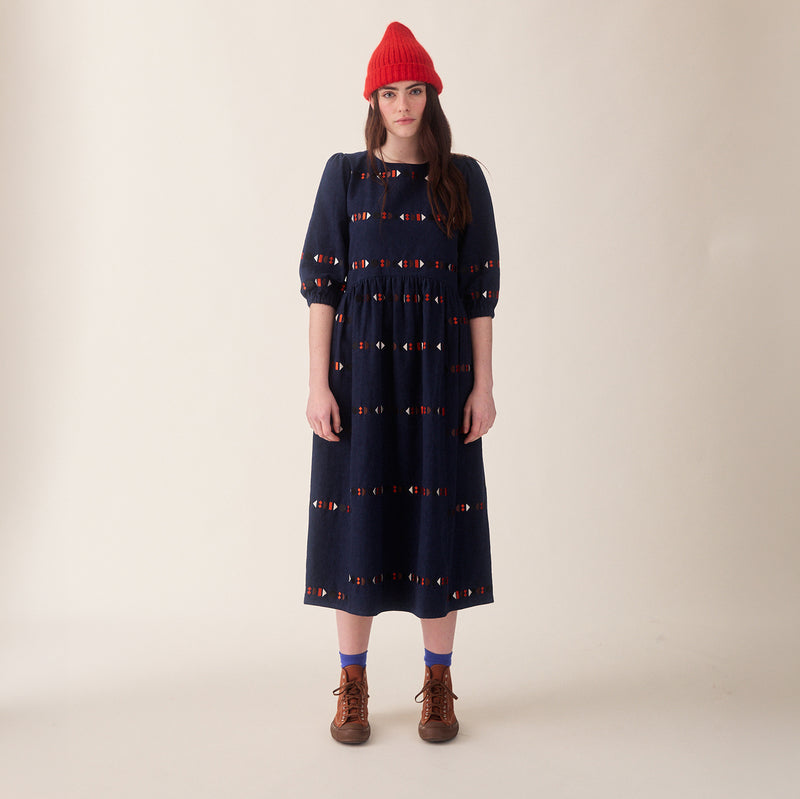 Women's Linen/Cotton Tessa Dress - Indigo Embroidered