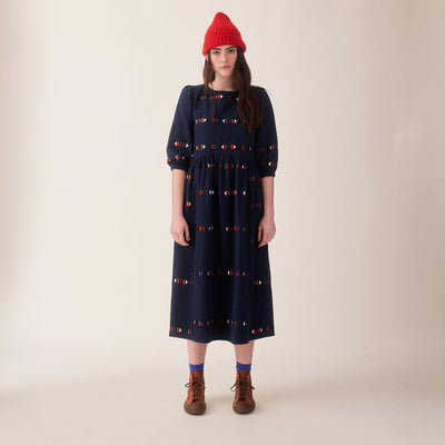 Women's Linen/Cotton Tessa Dress - Indigo Embroidered