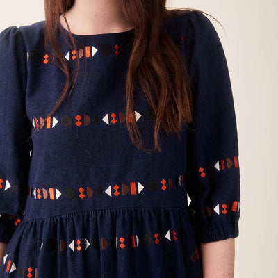 Women's Linen/Cotton Tessa Dress - Indigo Embroidered