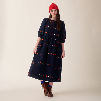 Women's Linen/Cotton Tessa Dress - Indigo Embroidered